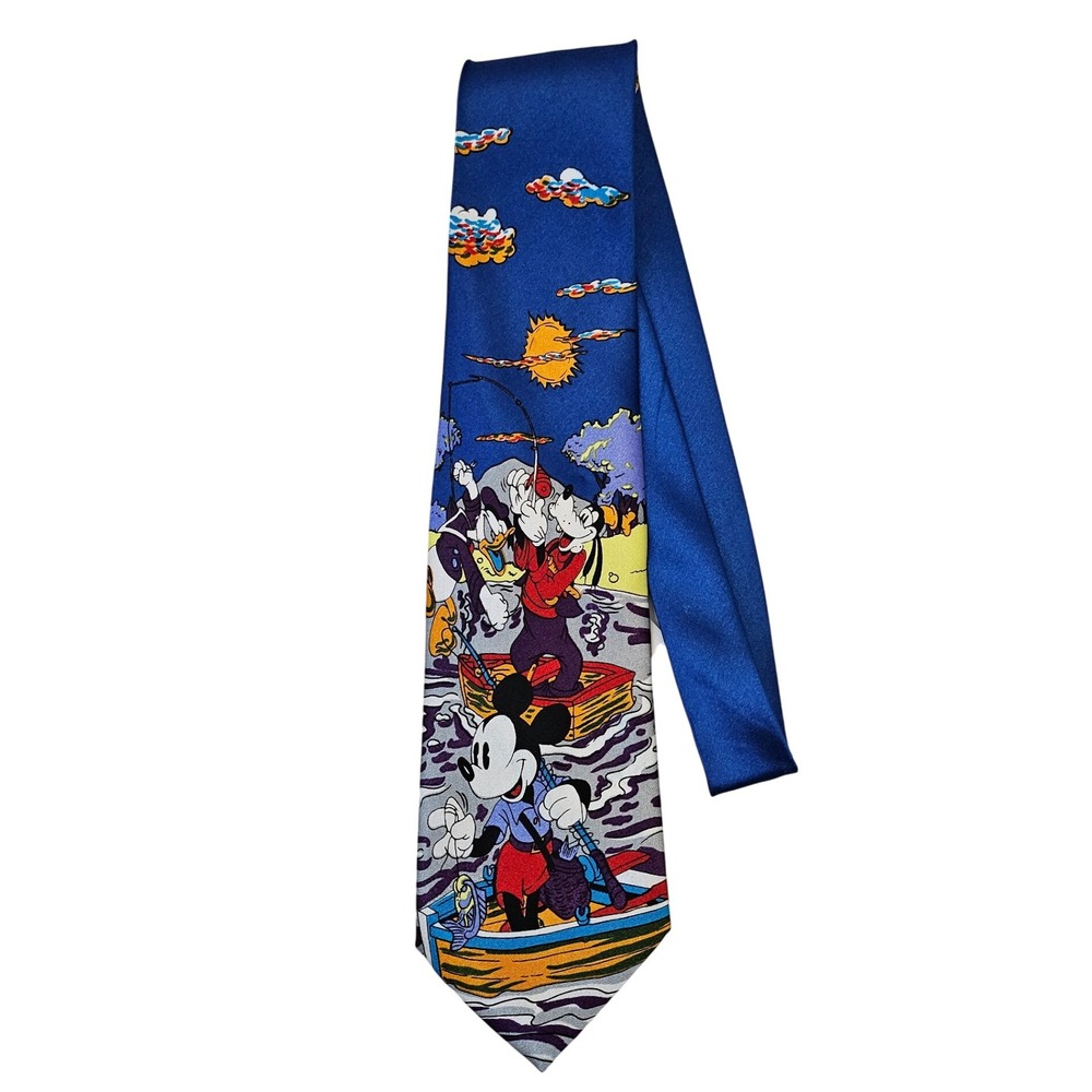 Disney Mickey Mouse and Goofy Gone Fishing Men's Blue Neck Tie Formal Attire